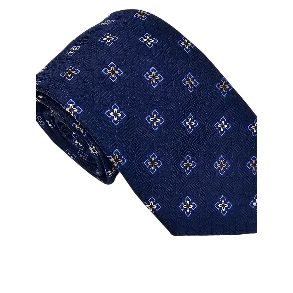 PAUL FREDRICK Navy Blue Tan Geometric Silk Tie Classic Business Formal